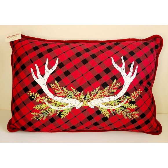 Maker's Holiday Other - Decorative Holiday Pillow Buffalo Plaid With Antler & Greenery Christmas Design